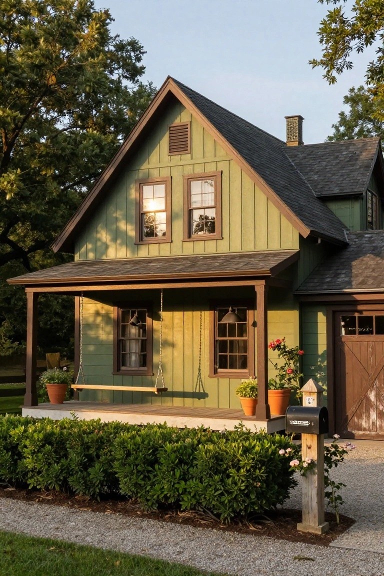Green clapboard-sided house with brown trim, gable roof, front porch featuring hanging swing and potted plants, attached garage doors, boxwood hedges, gravel path, and surrounding trees.