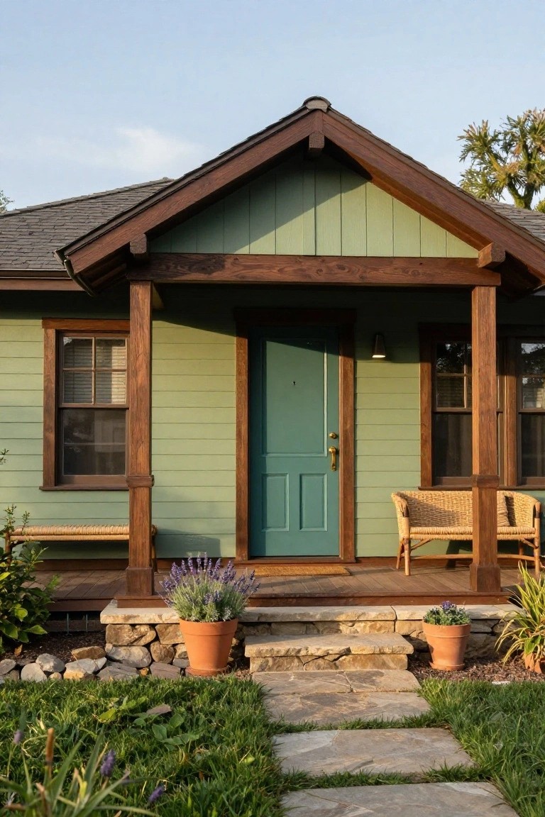 Front exterior of a small sage green clapboard house with brown wood trim, dark green front door, covered porch supported by wooden posts, wicker chair, potted lavender plants on porch steps, stone walkway, and surrounding grass and rocks.