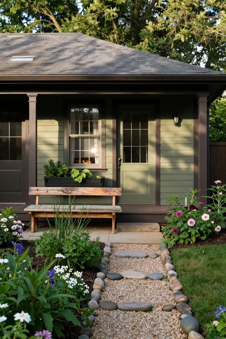 Small sage green clapboard house with dark brown trim and porch, wooden bench beside a planter of greens, stone and gravel path edged with plants leading to the entry door, surrounded by flowers and trees.