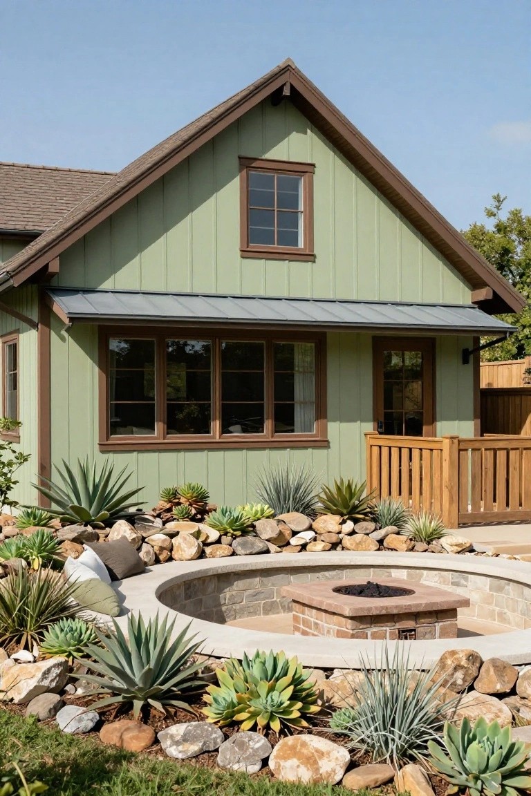 Sage green vertical siding house with brown trim and gabled roof, wooden deck railing, metal awning, and circular stone fire pit surrounded by succulents, agaves, and rocks in a front yard landscaped with boulders and gravel.