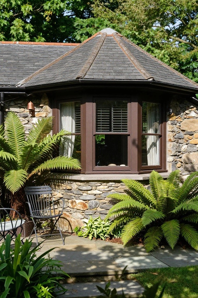 Stone house exterior corner with octagonal slate-roof projection, brown-framed bay window with curtains and blinds, large green tree ferns on both sides, metal chair and lantern light nearby, stone patio steps leading to grass.