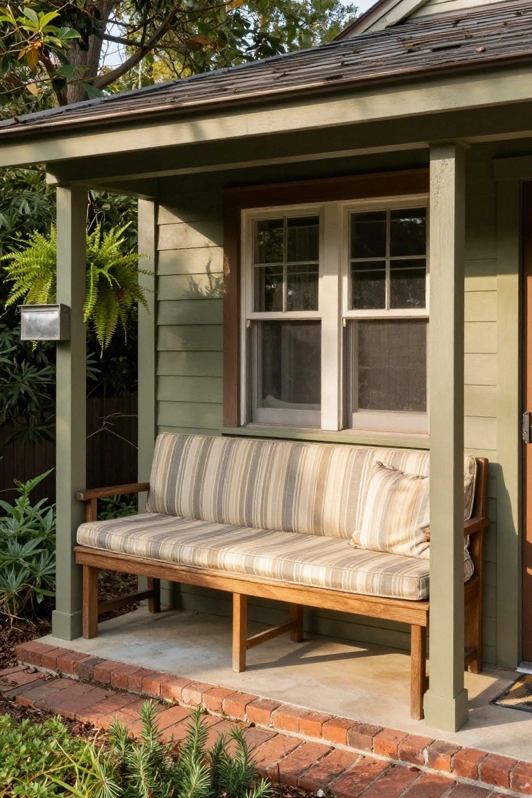 Covered porch on a green clapboard house with a wooden bench covered in beige striped cushions, next to a brown-trimmed door and double windows, surrounded by ferns, plants, and a metal mailbox.