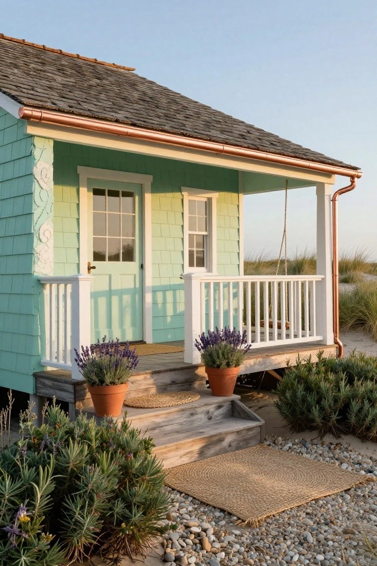 Small turquoise shingled beach cottage with white porch, copper gutters, lavender plants in terracotta pots, wooden steps, seagrass rug, and dune landscaping.