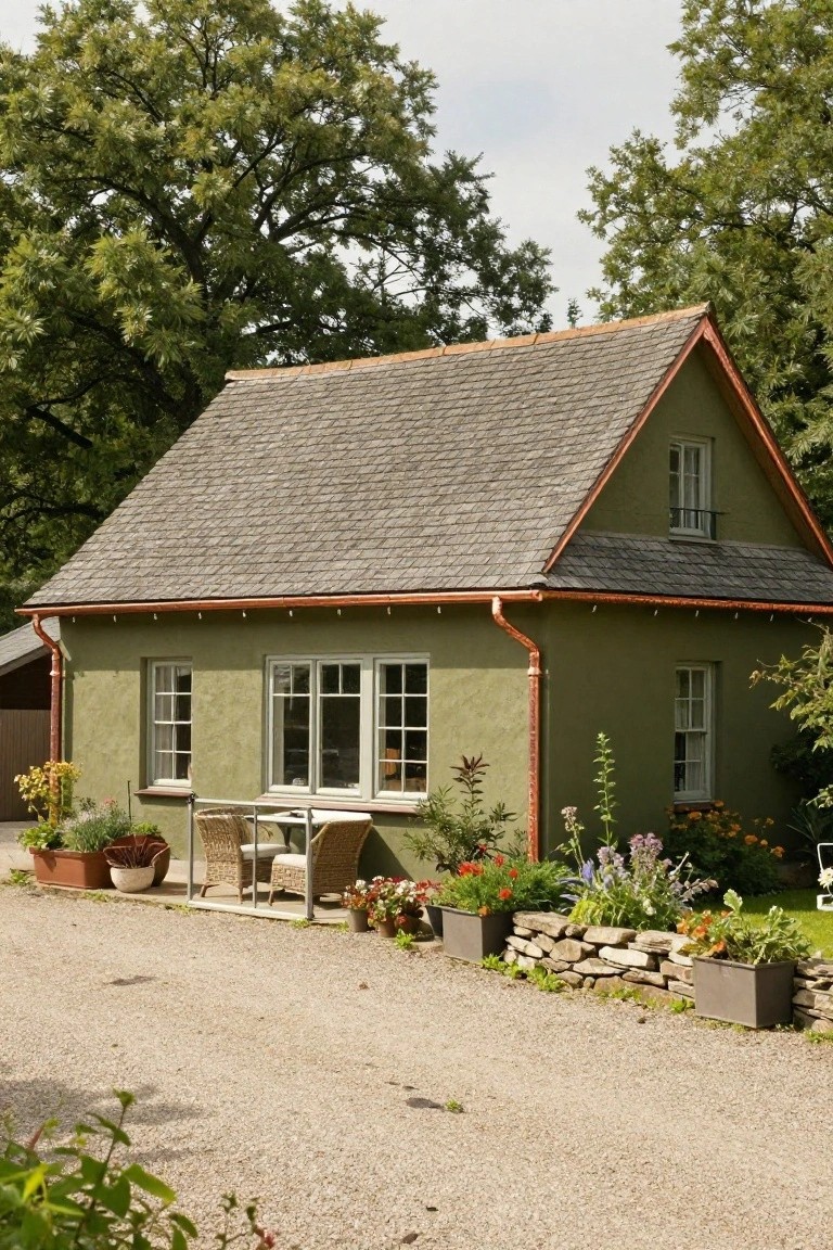 Sage green single-story house with steep slate roof, copper gutters and downspouts, multiple windows, and surrounding potted plants and flower beds on a gravel driveway.