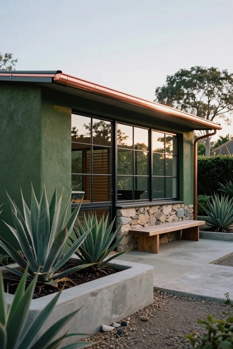 Side exterior of a green stucco house featuring copper gutters, large black-framed windows, a stone base wall, wooden bench, and potted agave plants on a concrete patio.
