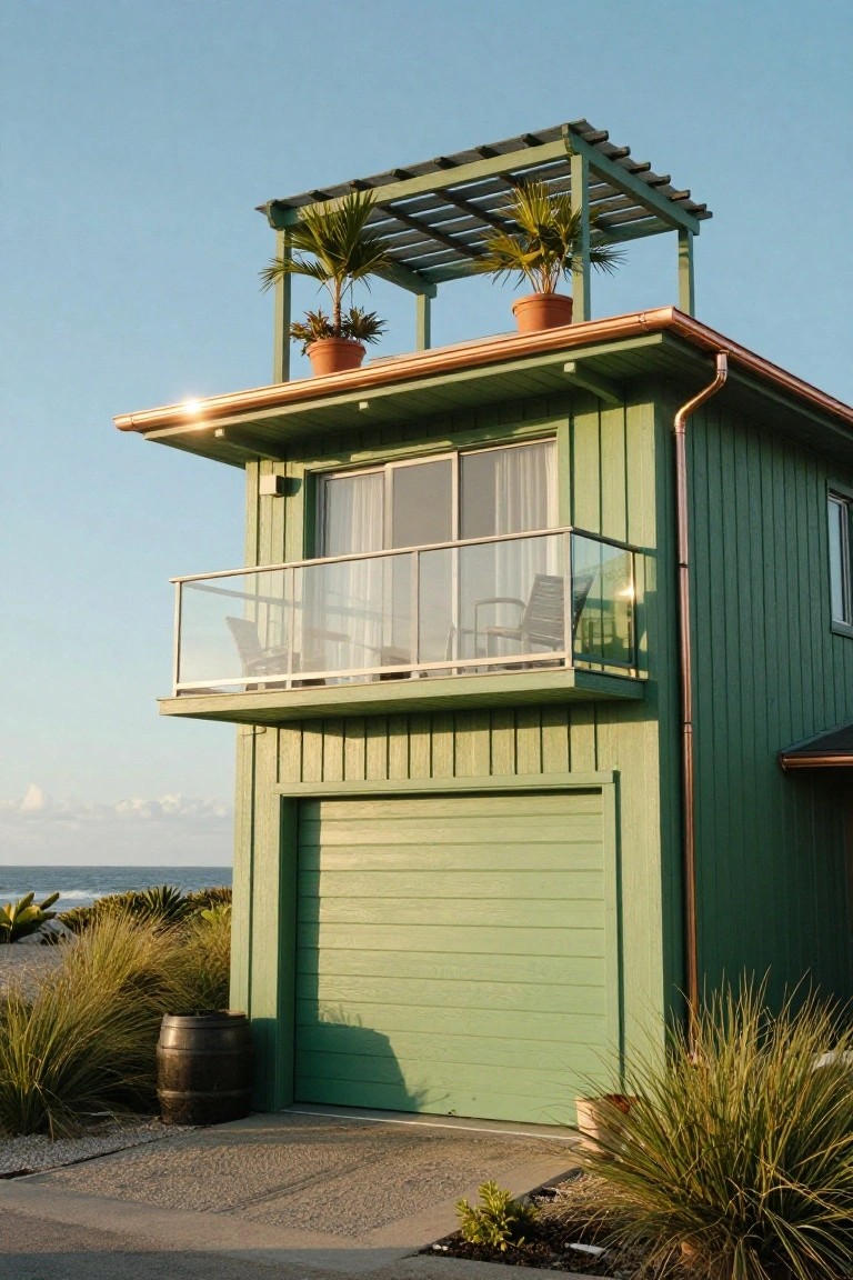 Two-story green wooden house with garage door, glass balcony, rooftop trellis with potted palms, copper gutters and downspouts, barrel planter, beach grasses, and ocean view.