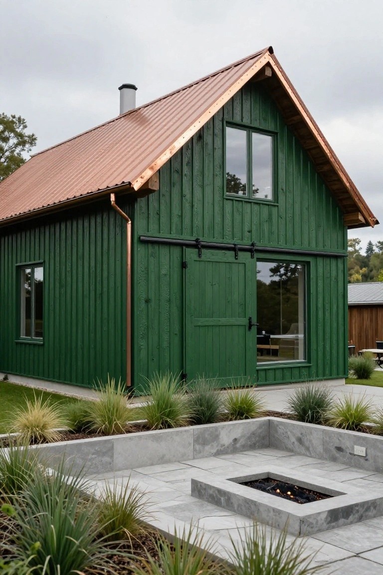 Green vertical board-and-batten wooden house with copper standing-seam roof, copper gutters and downspout, large sliding barn door, and foreground landscaping with stone fire pit and grasses.