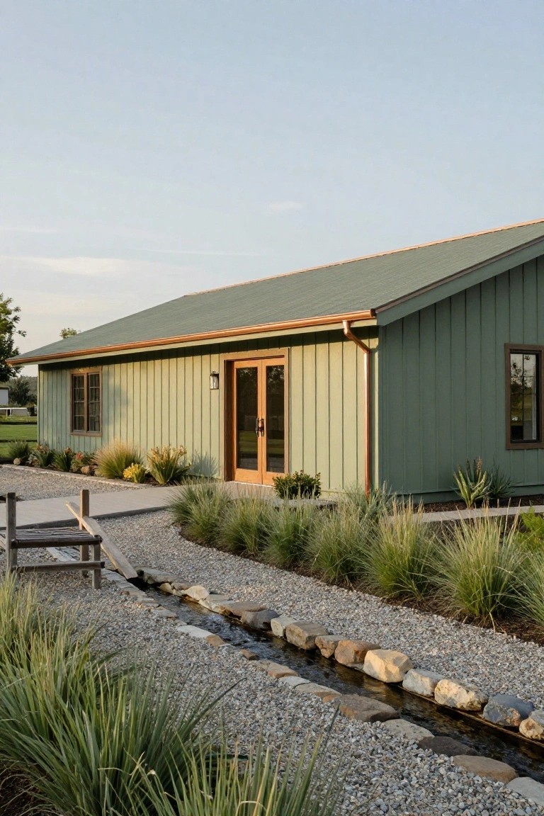 Sage green vertical board-and-batten house with gabled green metal roof, copper gutters and downspout, wooden double entry doors, flanked by grasses and gravel path with stone-lined water channel.