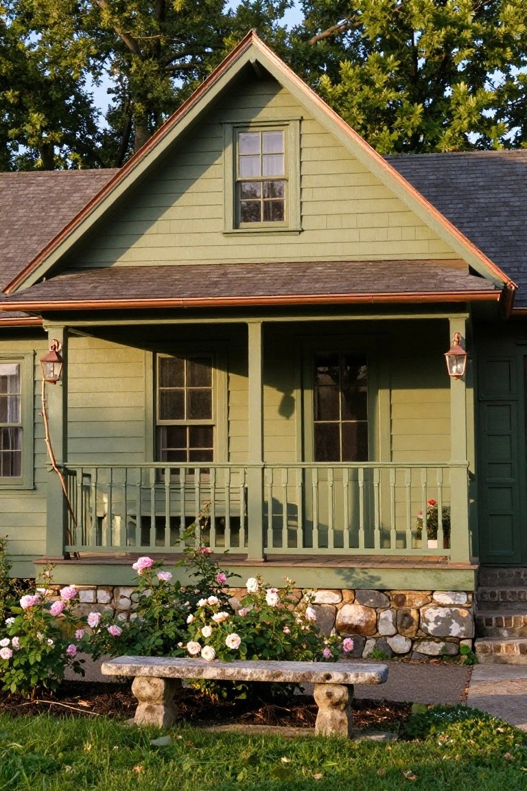 Sage green shingle-style house with copper gutters along the roof and porch, flanked by trees, with lanterns on posts, double windows, roses, stone foundation, and a stone bench in the front yard.