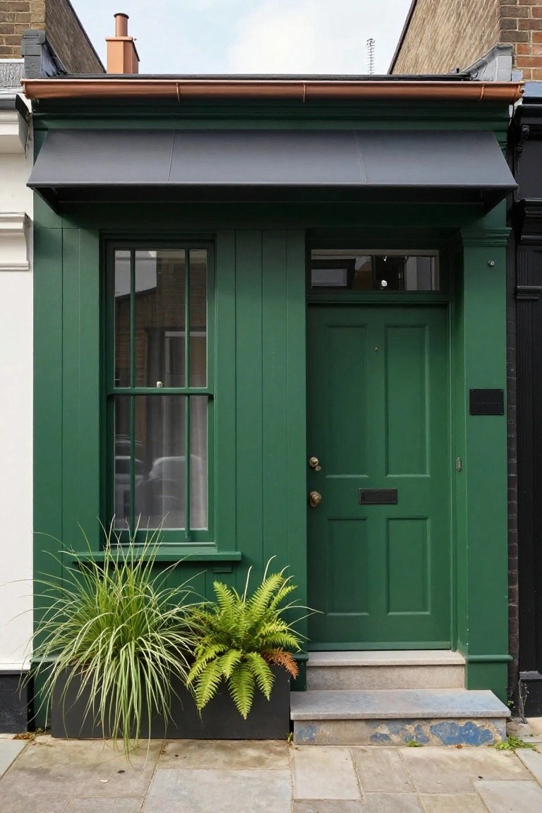 Front view of a narrow green-painted house with clapboard siding, green front door and window, black awning, copper gutters, potted grasses and ferns beside stone steps, on a paved street between white and brick neighboring houses.
