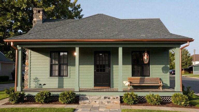 Sage green clapboard house exterior with copper gutters, wooden porch bench with pillows, hanging lantern, double-hung black windows, stone chimney, and low landscaping along the bluestone path.