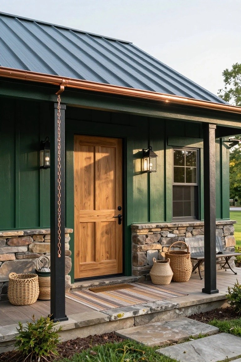 Front view of a dark green board-and-batten house with copper gutters, downspout chain, wooden double door, lanterns, stone base, black porch posts, and wicker baskets on a stone step.