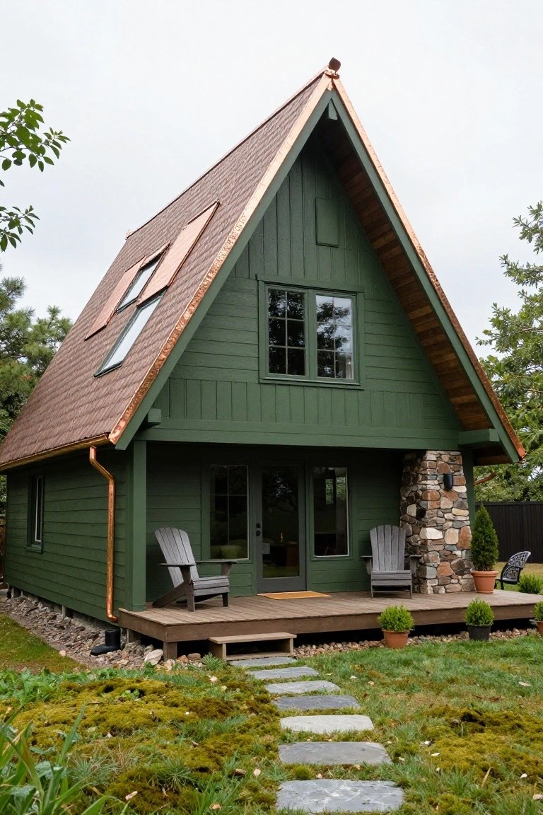 Green A-frame cabin with copper roof edges and gutters, wooden siding, stone chimney, deck porch with Adirondack chairs, and mossy yard with stone path.