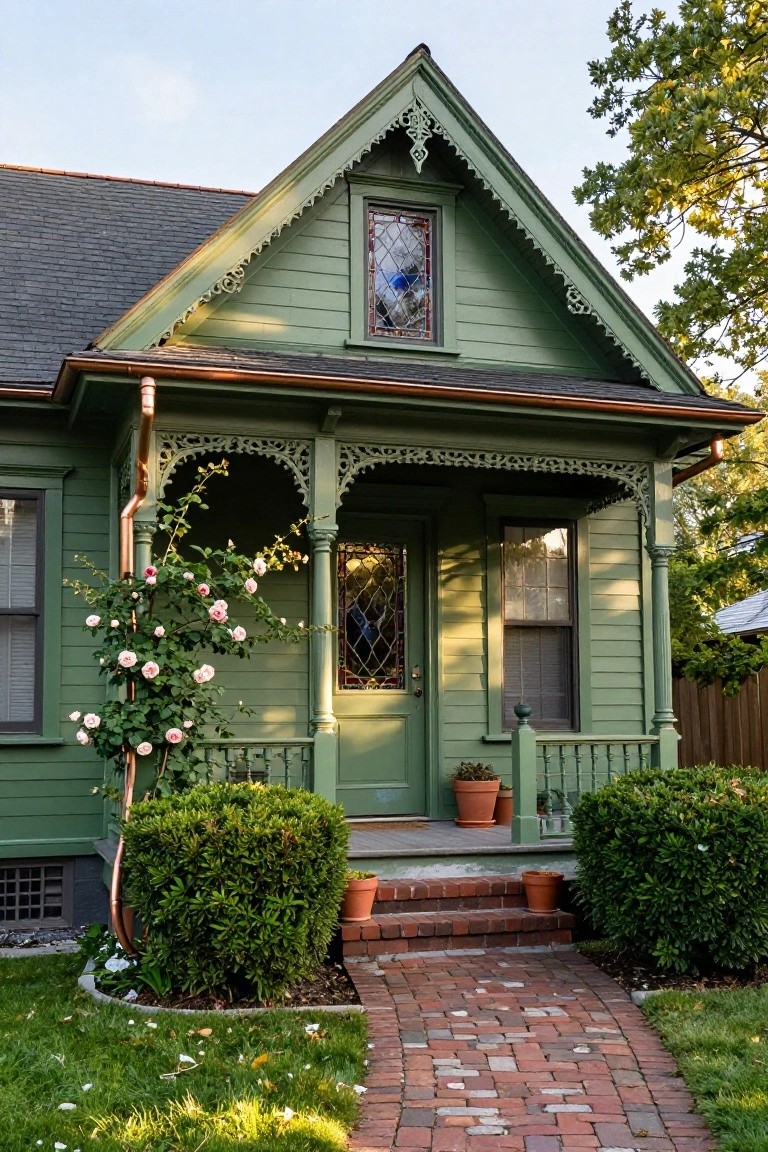Sage green painted Victorian-style cottage house with copper gutters and downspouts, ornate front porch, stained glass window in gable, climbing rose bush, potted plants, boxwoods, and brick walkway leading to steps.