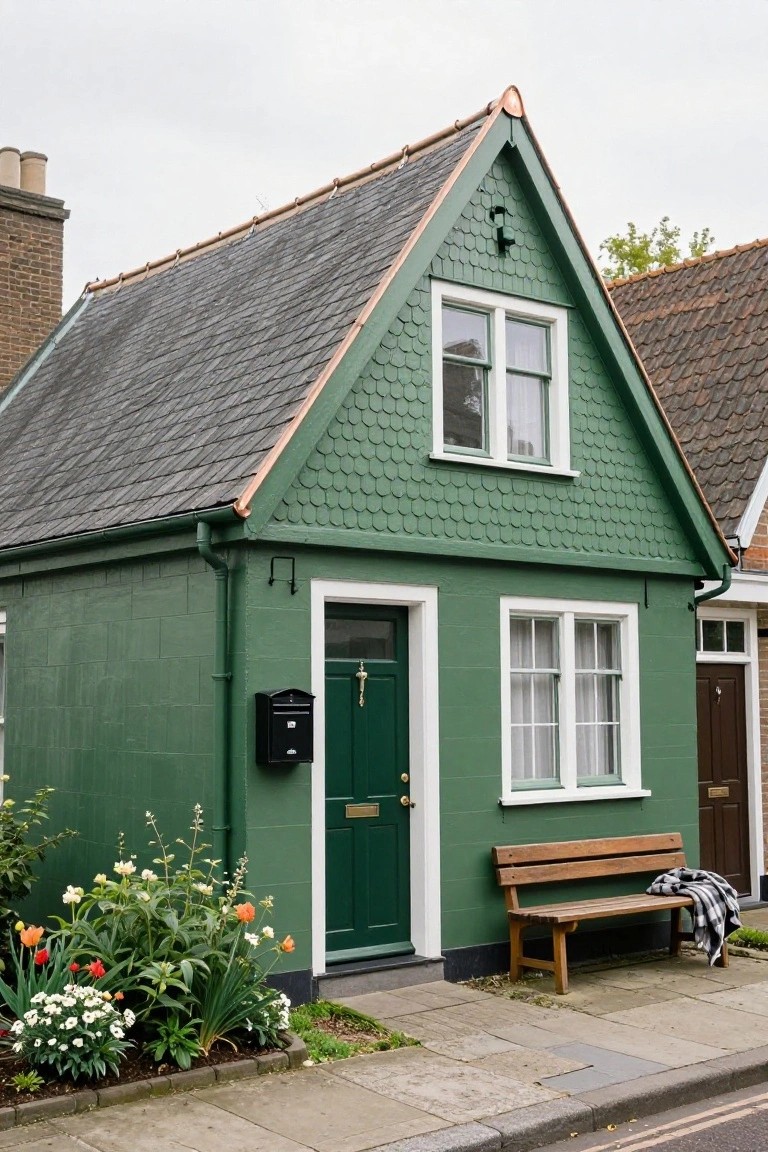 Small green fishscale shingled house with copper roof edges and gutters, green front door, white windows, black mailbox, flower bed, wooden bench with blanket, on a paved sidewalk next to the street.