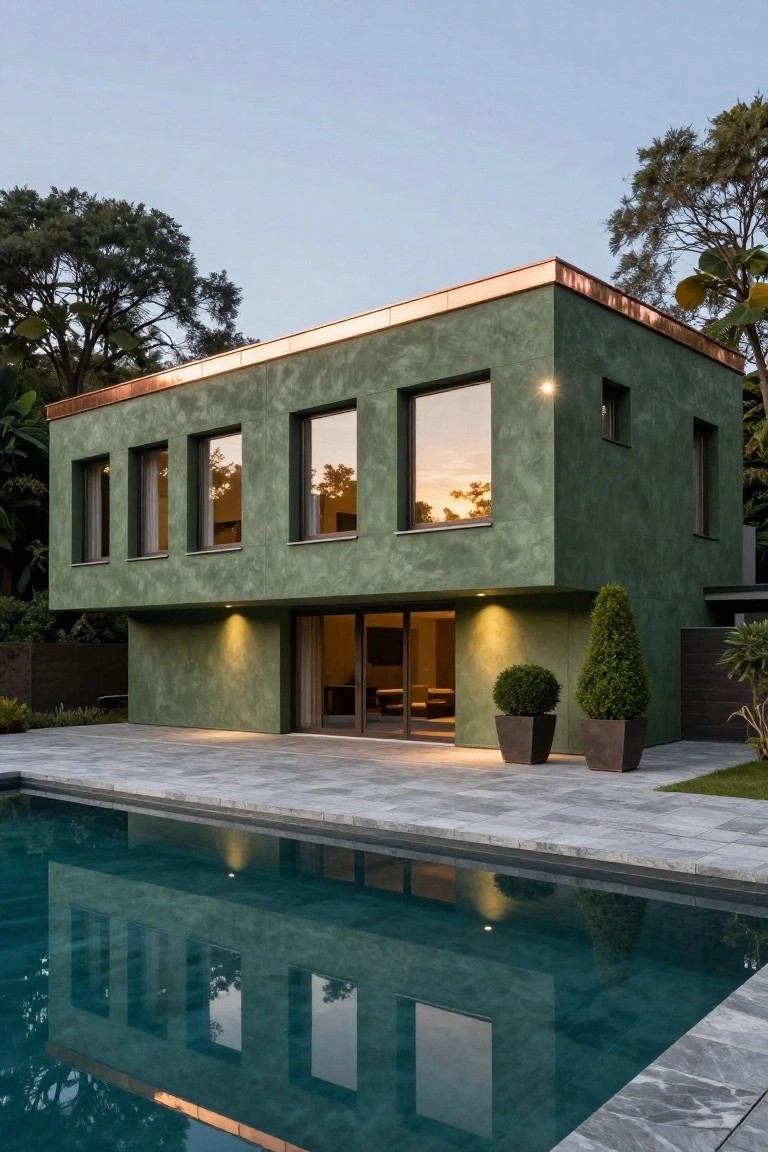 Modern two-story house with textured green stucco walls, copper roof edges, large rectangular windows, and a ground-level pool in front, surrounded by trees and potted shrubs at dusk.