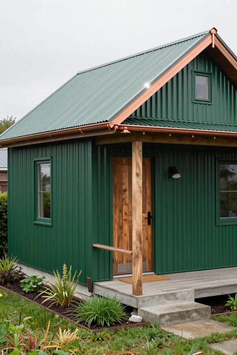 Small green corrugated metal shed house with gabled roof, copper gutters and drip edges, wooden front door and porch post, on a concrete step with plants and grass around the base.