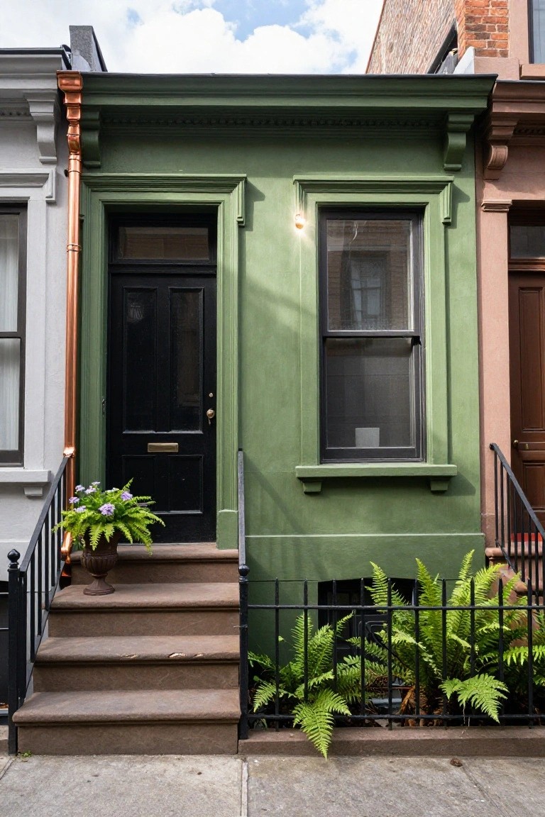 Green-painted row house facade with black front door, copper downspout, potted purple flowers and ferns on brownstone steps, black iron railing, and adjacent gray and brick buildings.