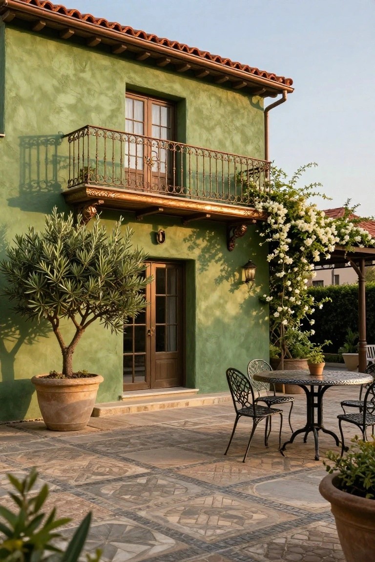 Sage green stucco house exterior with terracotta tile roof, ornate wrought-iron balcony, copper downspout, potted olive tree next to French doors, climbing white flowers on the wall, and metal bistro table with chairs on patterned tile patio.