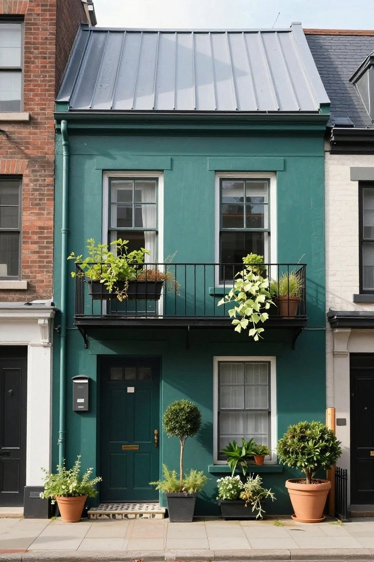 Two-story teal green terraced house with gray corrugated metal roof, black iron balcony holding plant boxes, green front door, potted plants at entrance, flanked by brick and white neighboring houses on a paved street.