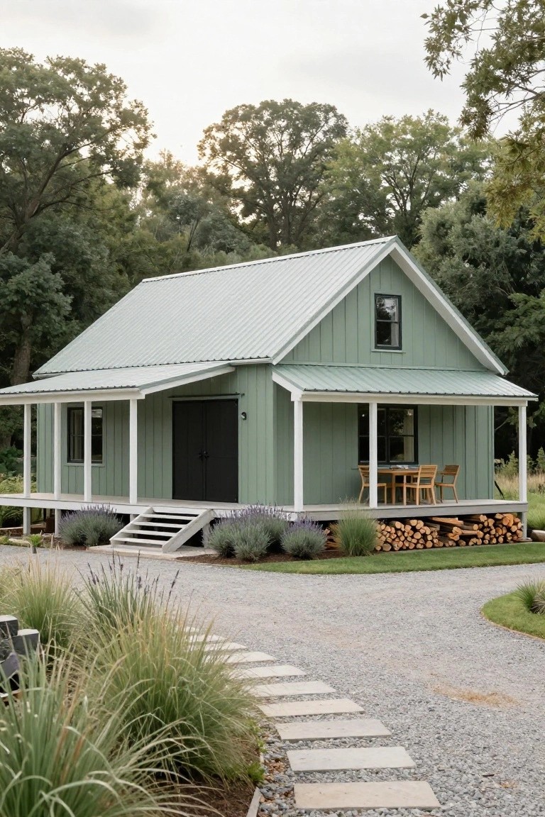 Small sage green board-and-batten house with gabled corrugated metal roof, white porch columns, double doors, window, outdoor table and chairs, steps, lavender plants, firewood stack, gravel path, and trees.