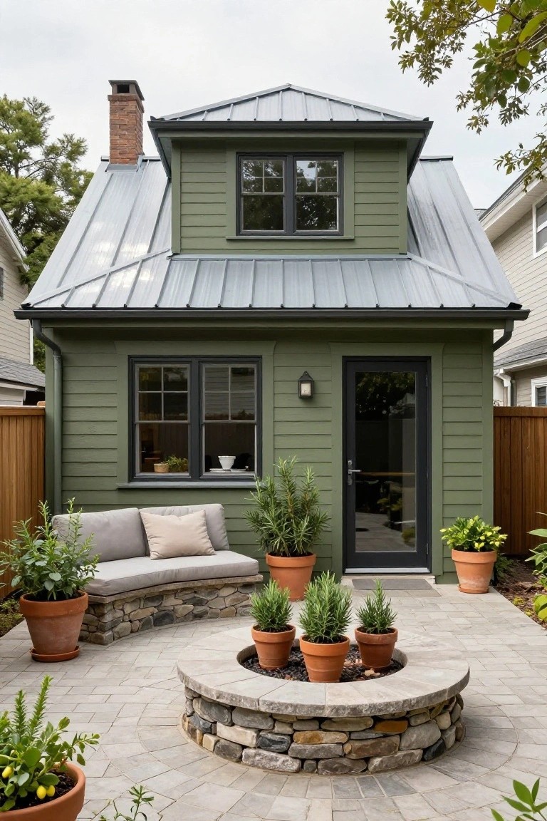 Small two-story house painted sage green with dark metal standing seam roof, black-framed windows and door, surrounded by potted plants, bench seating, and circular stone fire pit on gray paver patio in backyard.