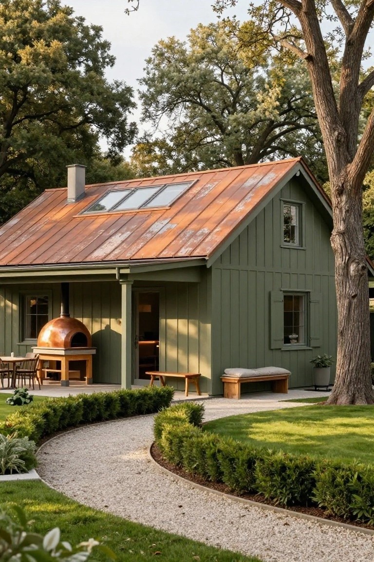 Green vertical board-and-batten house with patinated copper standing-seam roof and skylights, copper pizza oven on wooden base outside entry, gravel path edged by low boxwood hedges, large tree beside building, lawn and garden plantings.