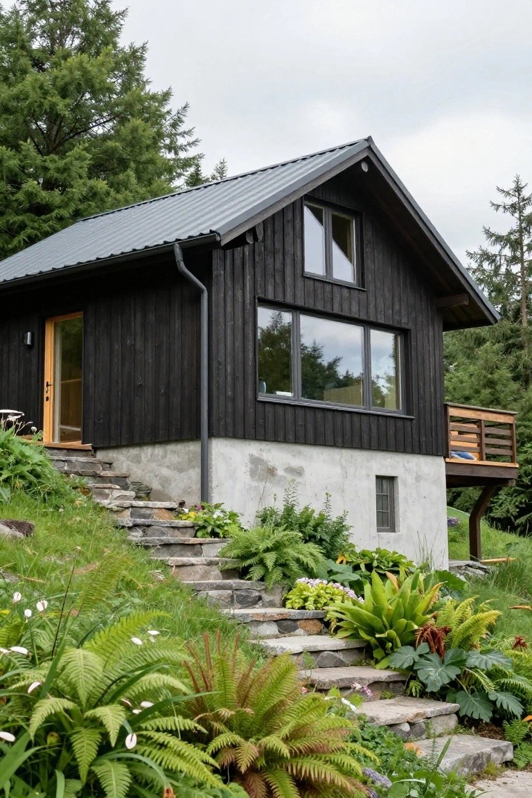 Black wooden cabin with dark gray metal roof on a hillside, featuring stone steps, plants along the path, a small deck, and surrounding evergreen trees under overcast sky.