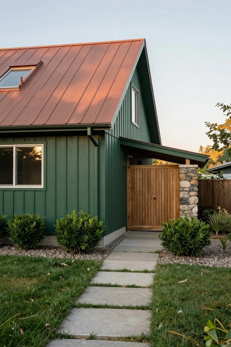 Corner view of a green vertical-sided house with red standing-seam metal roof, wooden double gate on stone pillar, concrete paver path, boxwood shrubs, gravel mulch, and grass lawn.