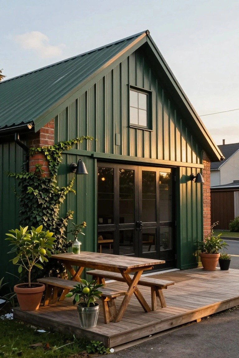 Small green metal-sided house with matching green metal roof, brick chimney, ivy on one side, black-framed glass entry doors, wall-mounted lights, wooden picnic table and benches on an attached wooden deck with potted plants.