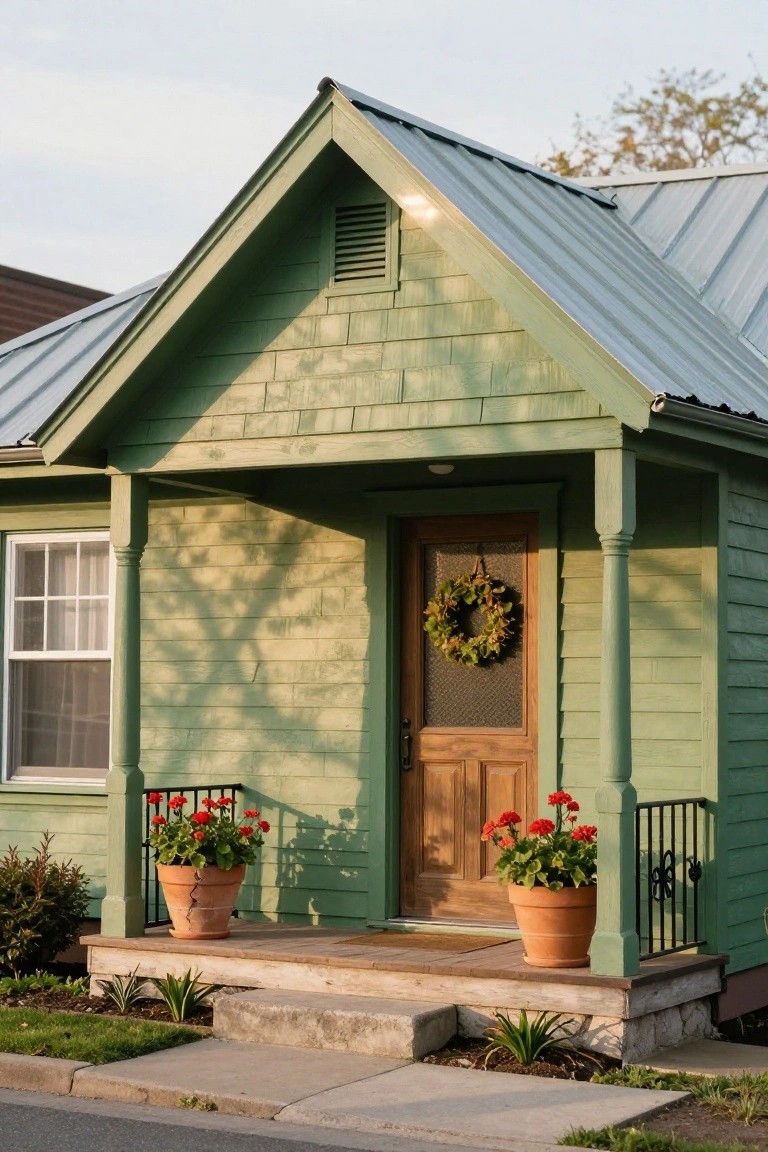 Front exterior view of a small sage green shingled house with gabled metal roof, covered porch with columns, wooden screen door with wreath, red geraniums in terracotta pots on porch, and concrete steps.