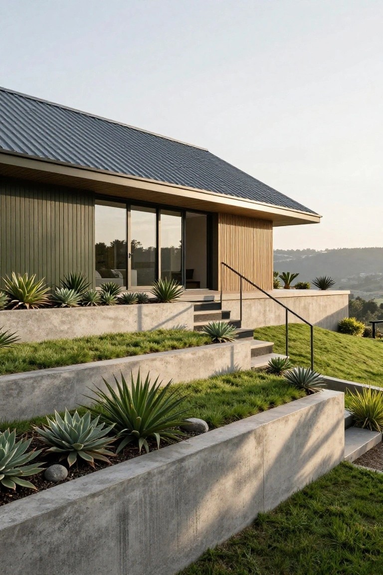 Modern house exterior on a hillside with dark sloped metal roof, green vertical wood siding, light wood entry structure with glass doors, black metal stairs, and concrete terraced retaining walls planted with agave succulents and grass.