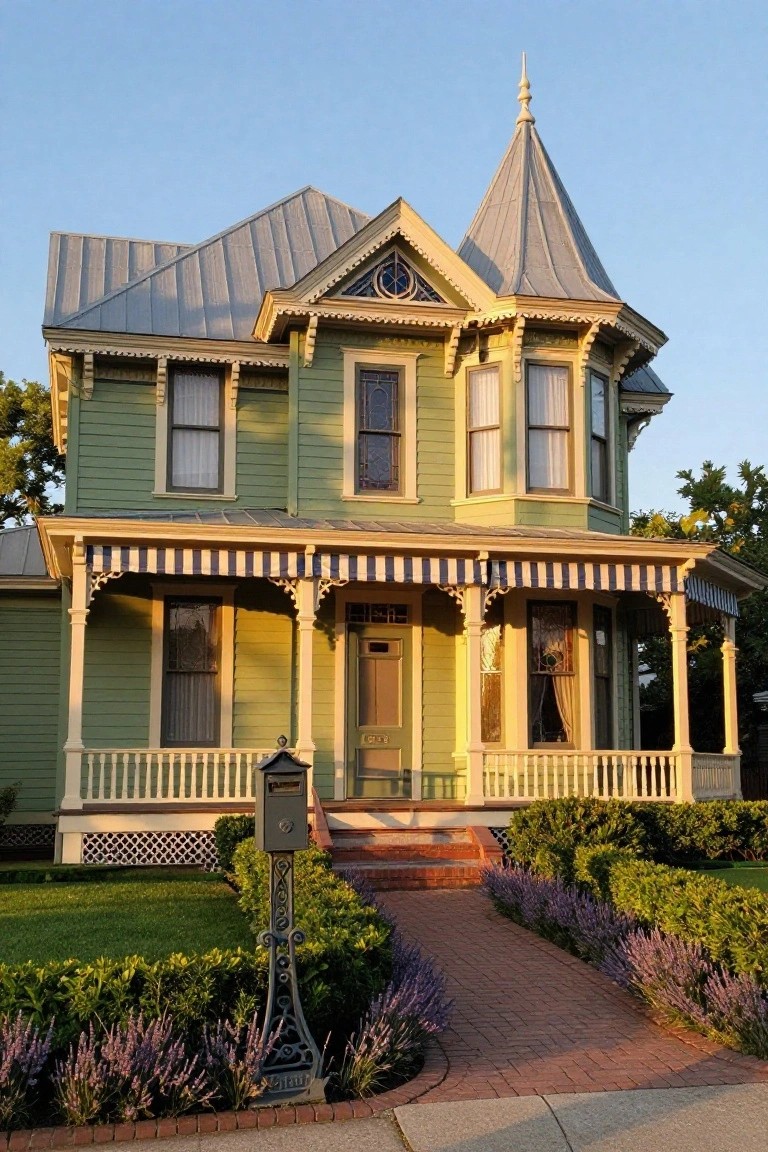 Two-story mint green Victorian house with gray standing seam metal roof on gables and pointed turret, ornate yellow trim, wraparound porch with blue-striped awning, stained glass windows, green door, brick path, and front landscaping with lavender and boxwood hedges.