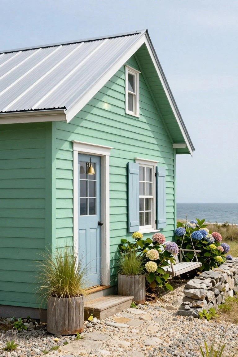 Small mint-green clapboard house with gabled corrugated metal roof, blue front door and shutters, brass door light, potted grasses and hydrangeas, hanging porch swing, stone wall, gravel path, and ocean view.