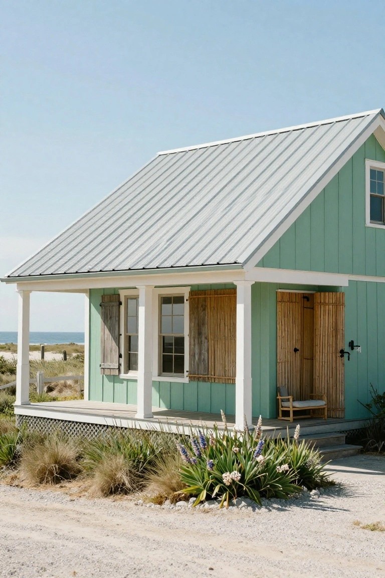Small mint-green wooden house with gabled gray metal roof, white porch columns, louvered shutters on windows and doors, bench on porch, beach dunes and ocean in background.