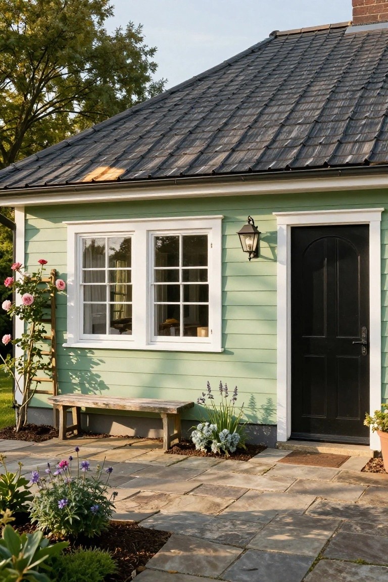 Small pale green clapboard outbuilding with dark metal shingle roof, white-framed double window with curtains, black door with lantern, climbing rose trellis, wooden bench, and surrounding plants on stone pavers