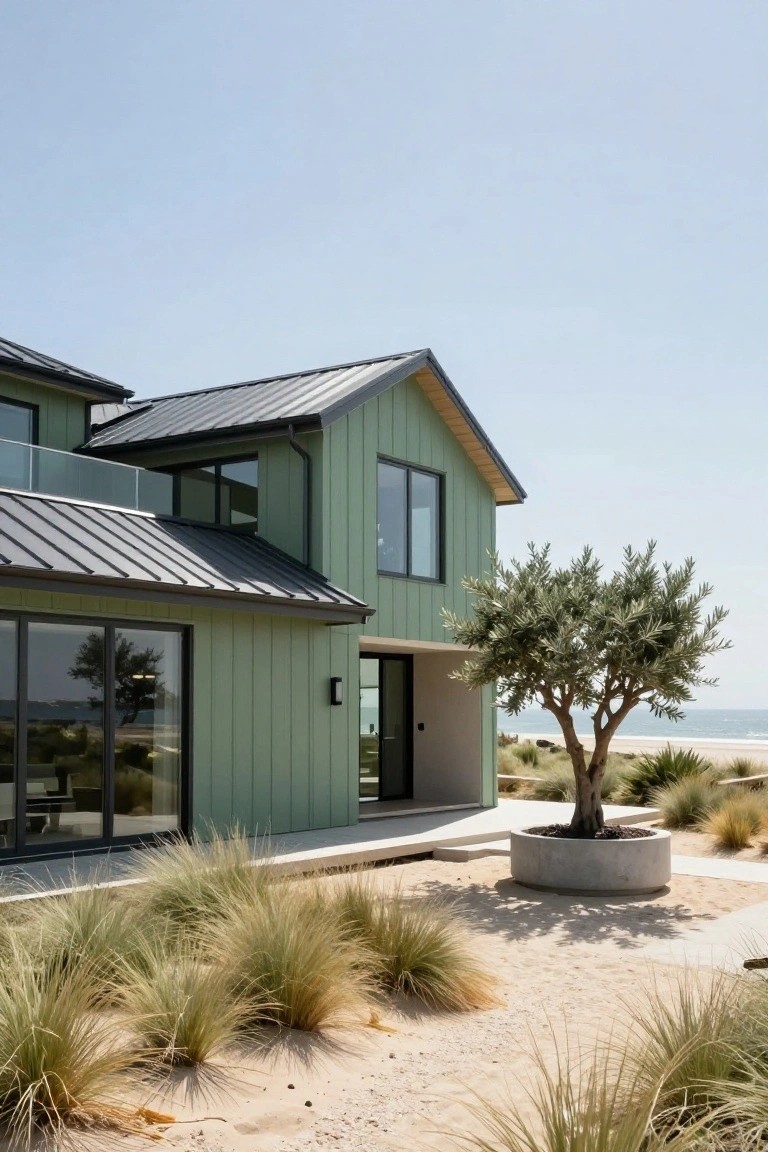 Exterior of a two-story sage green house with dark metal gable roof, large glass windows and doors, entry porch, potted olive tree, dune grasses, and ocean view.