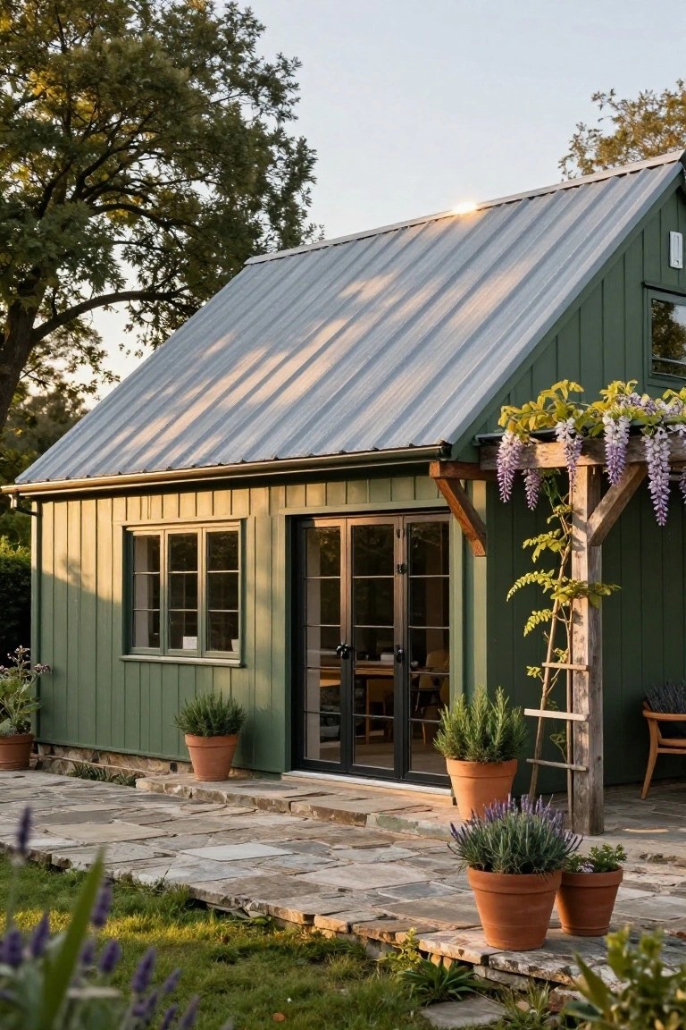 Small green-painted board-and-batten wooden cabin with gray metal gabled roof, black-framed sliding glass doors and triple window on side, wisteria on wooden arbor, potted rosemary and lavender on stone path patio, garden trees and grass in background.