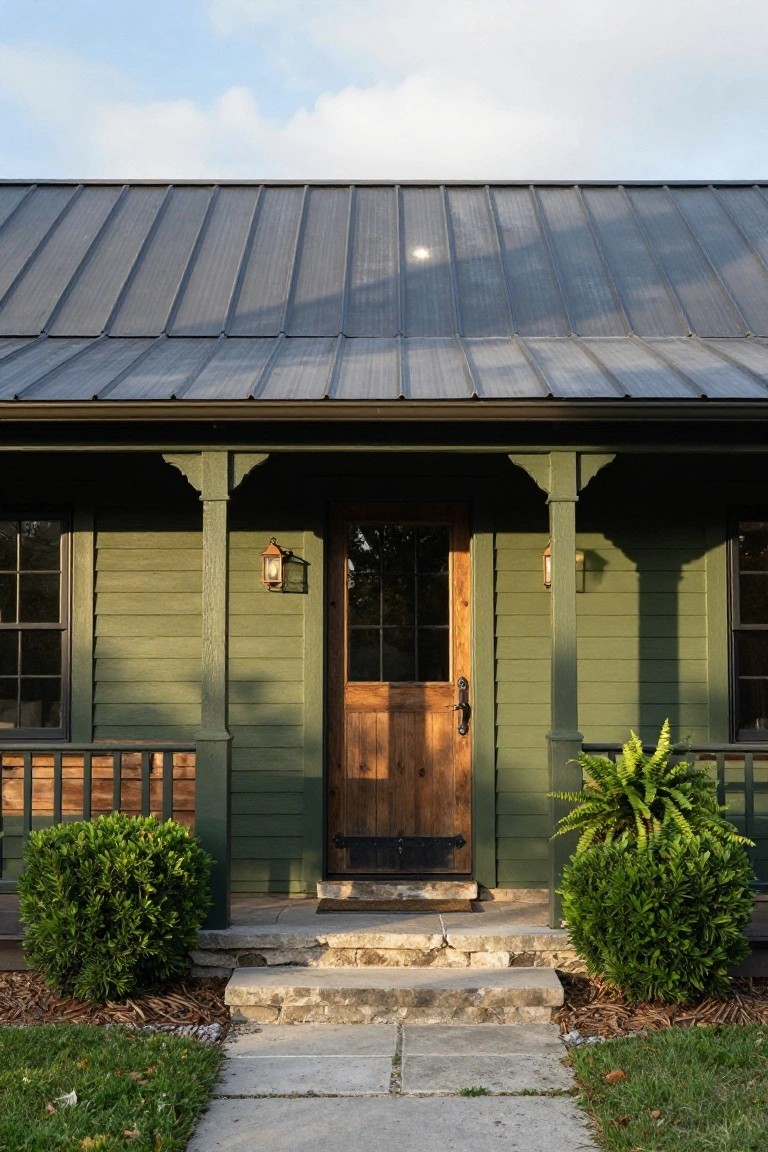 Front view of a sage green clapboard house with dark standing seam metal roof, covered porch supported by columns, wooden door with glass panel, flanked by windows, lanterns, boxwood shrubs, ferns, and stone steps on a pathway.