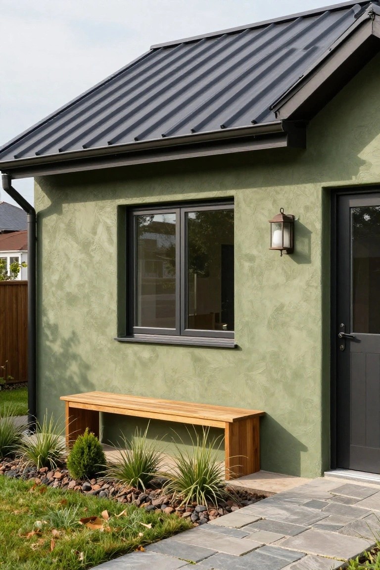 Exterior side view of a pale green textured stucco house wall with dark metal roof, black-framed window and door, wall-mounted lantern, wooden bench, grasses and rocks in front, and stone pathway.