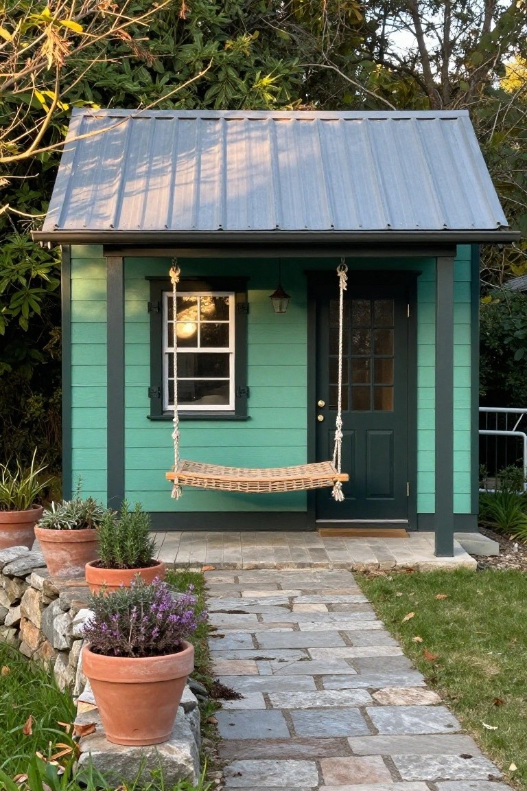 Small turquoise green wooden shed with gray corrugated metal roof, dark green door with glass panels, single window, hanging wicker swing on ropes, wall lantern, potted plants, lavender, and stone pathway in a garden.