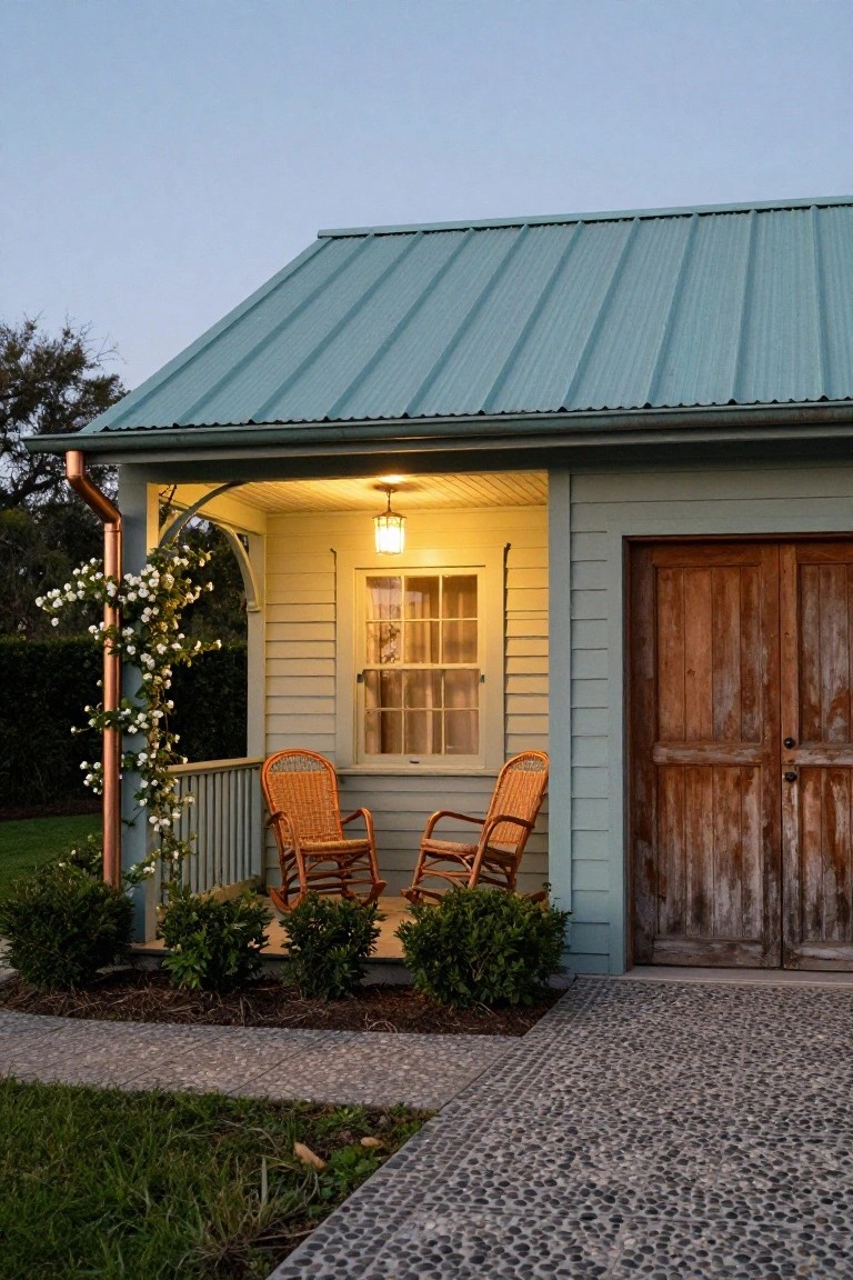 Exterior of a small sage green house with teal metal roof, covered porch holding two wicker rocking chairs, wooden garage doors, climbing white flowers on copper downspout, and gravel path nearby.