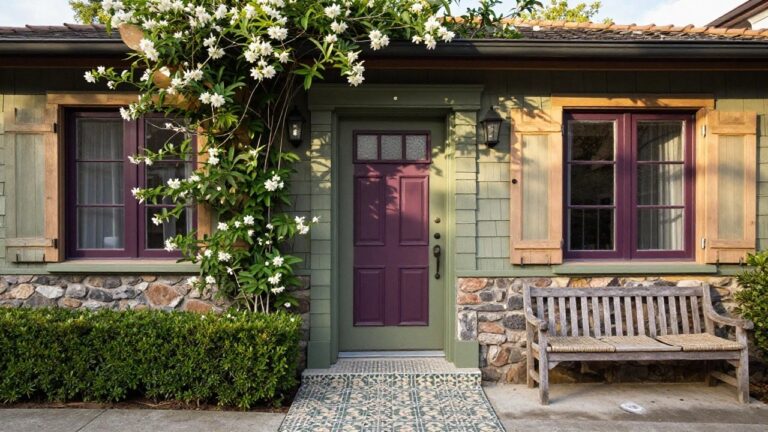 Front view of a sage green shingled Craftsman bungalow with a deep purple paneled front door, flanked by white columns with climbing white flowers, wall lanterns, stone bases, boxwood shrubs, a wooden bench, and a tiled entry path.