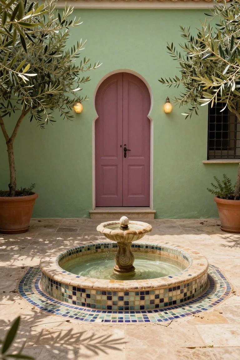 Mint green stucco exterior wall with arched double magenta doors, flanked by olive trees in terracotta pots and wall lanterns, facing a circular mosaic-tiled fountain on a stone patio.