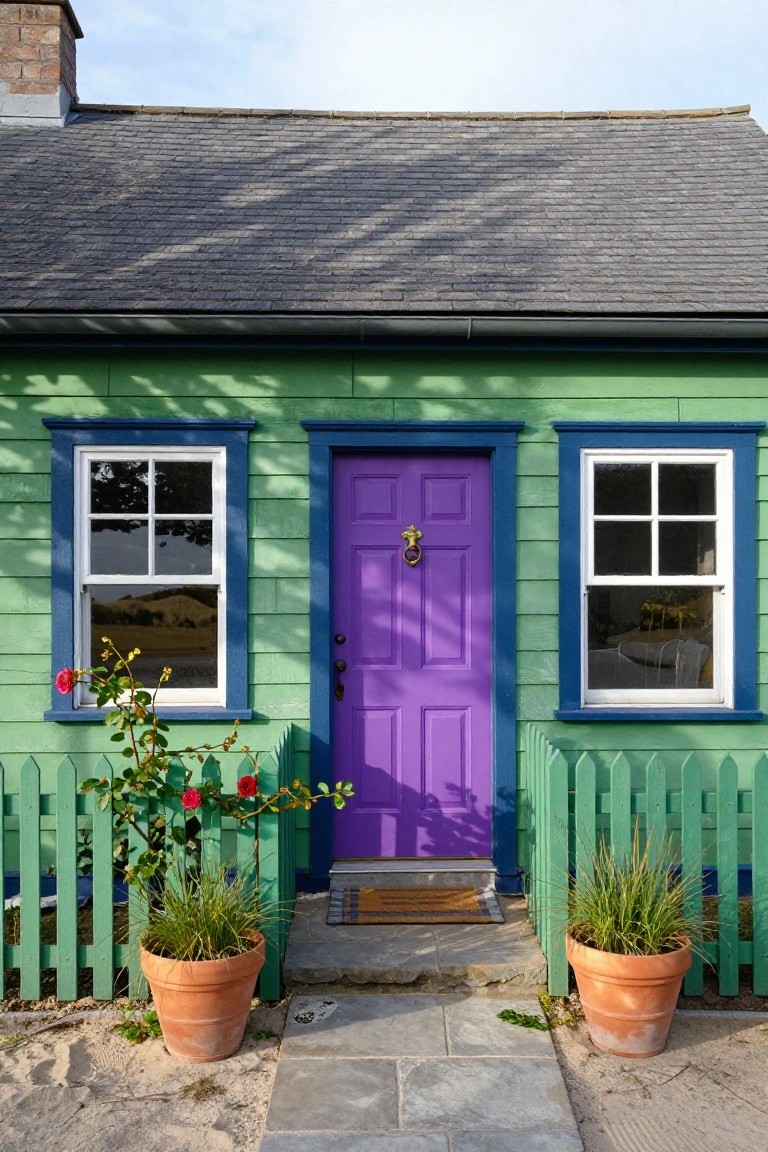 Green clapboard house with purple front door, blue window frames, white multipane windows, green picket fence, rose bushes, potted grasses, and stone steps on sandy ground.