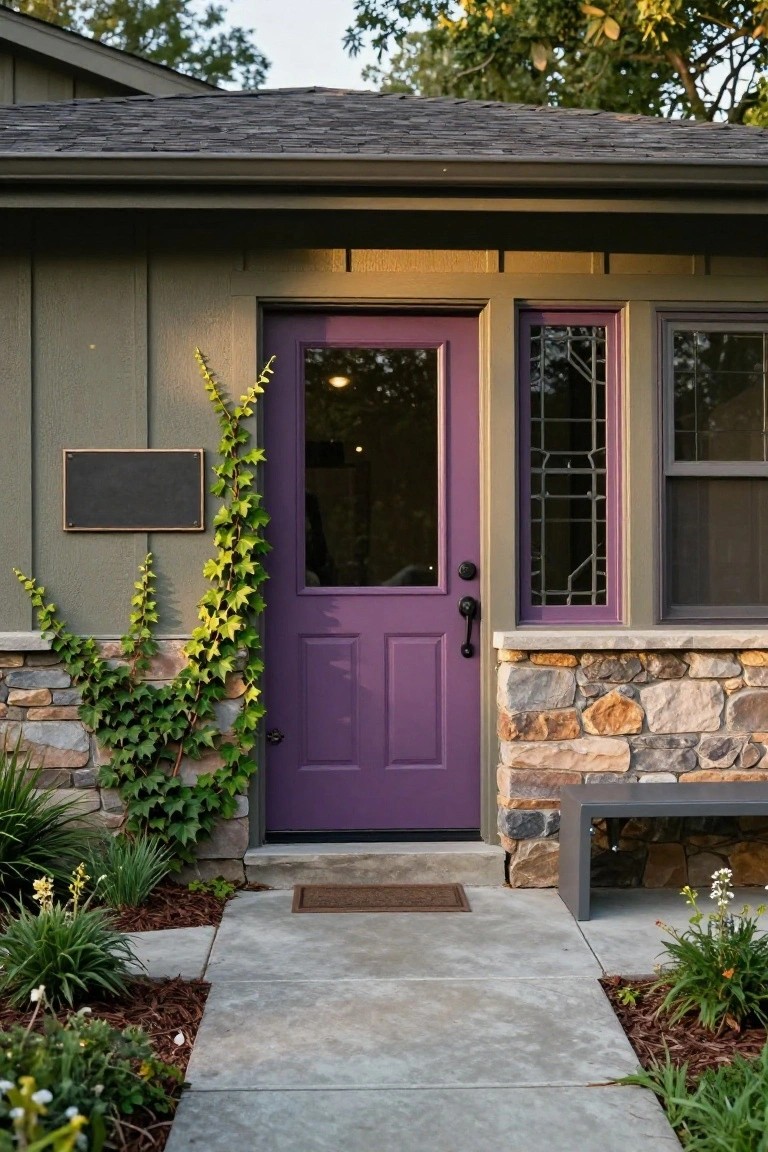 Front exterior of a house with sage green siding, purple double front door, purple-framed leaded glass side window, ivy vines on the wall and stone base, concrete pathway, doormat, and metal bench.