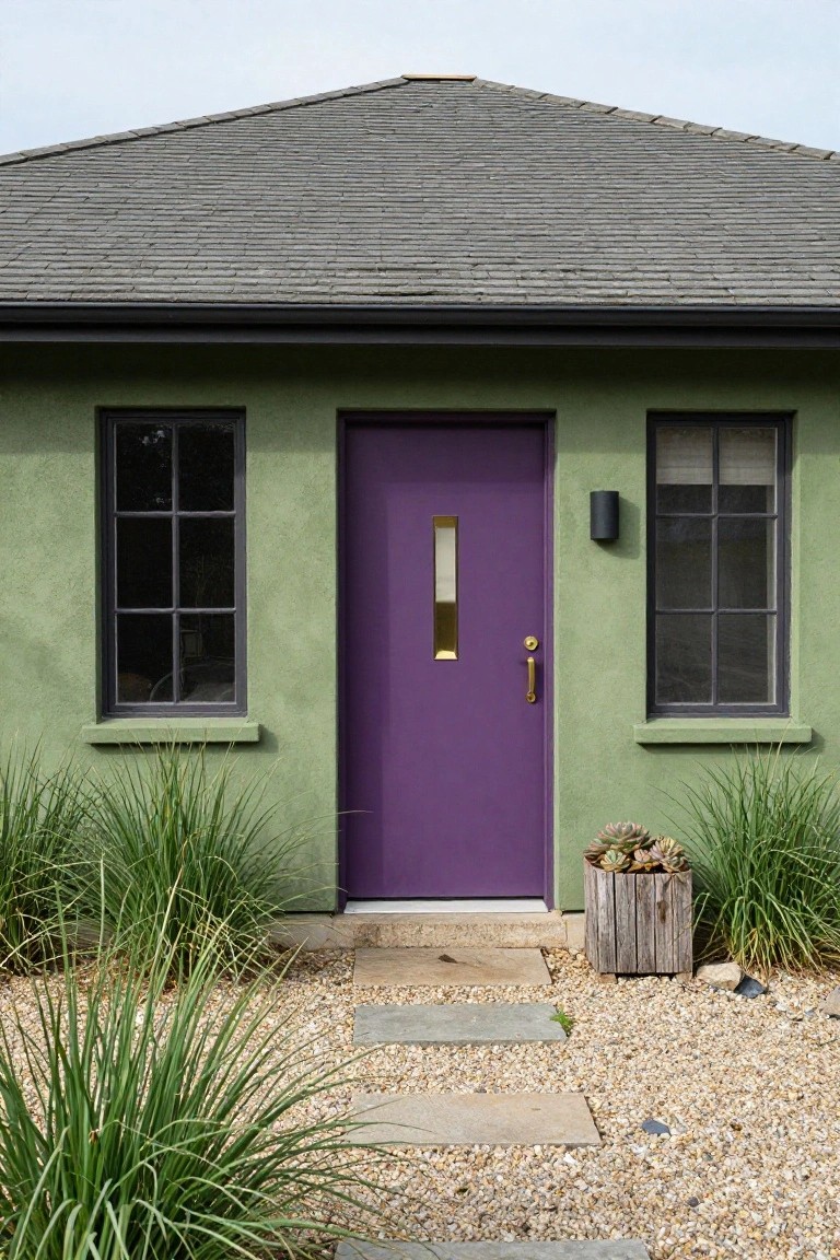 Small green house with dark gray slate roof, purple front door with vertical window and gold accents, flanked by black-framed windows, and fronted by stone steps, grasses, succulents in wooden planter, and gravel ground cover.
