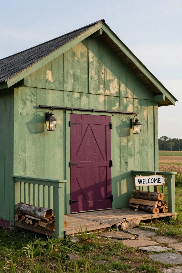 Green wooden shed with dark shingle roof and purple sliding barn door on a small porch, flanked by lanterns, firewood stack, welcome sign, stone path, and grassy yard with distant fields.