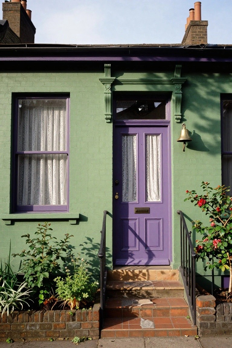 Green brick terraced house with purple front door and window frames, white lace curtains visible inside, brass door bell and knocker, black metal railing on brick steps, plants in front border, and paved sidewalk.