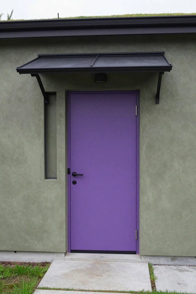 Green stuccoed house exterior featuring a purple front door with black handle, black metal awning overhead, narrow vertical window beside the door, and concrete pathway with grass edges.